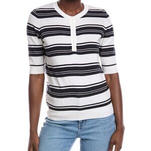 Minnie Rose Navy and White Cashmere Blend Striped Short Sleeve Top